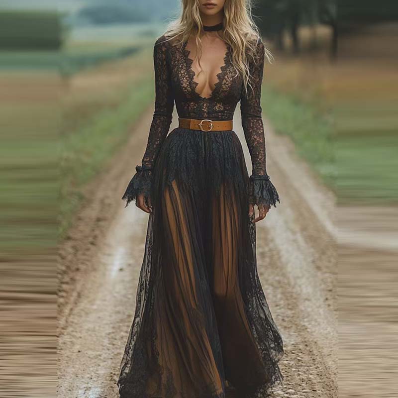 Sexy col en v dentelle noire maille à manches longues rétro robe longue femmes printemps été mince broderie avec plis uniques robes nouveau