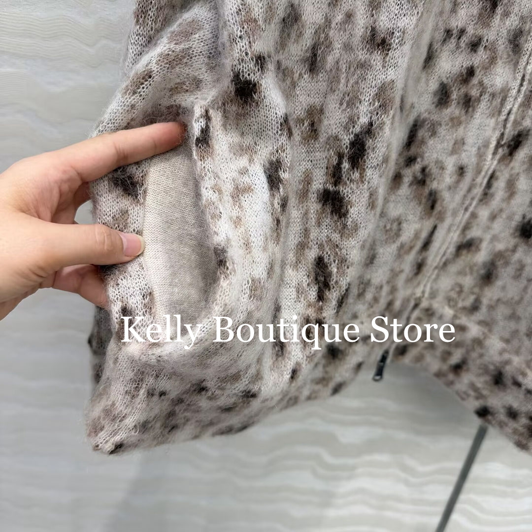 Cardigan zippé en laine mohair douce à motif léopard, style « Old Money » de luxe, pour femme, col à revers, manches longues, pull décontracté et confortable