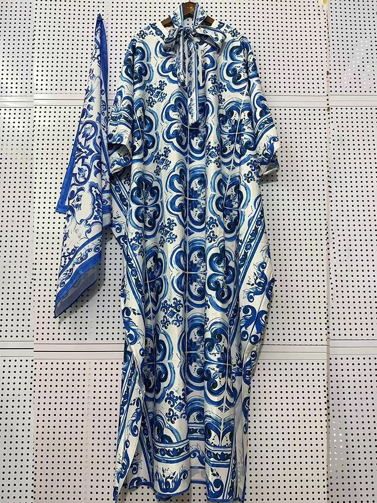 Robe ample élégante à imprimé floral bohème pour femme 2026, col semi-ouvert, manches chauve-souris, robe de vacances avec foulard en soie