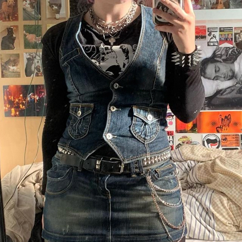 Femmes Denim gilet veste sans manches lavé col en V simple boutonnage poches gilets minces Streetwear femme été Vintage gilet