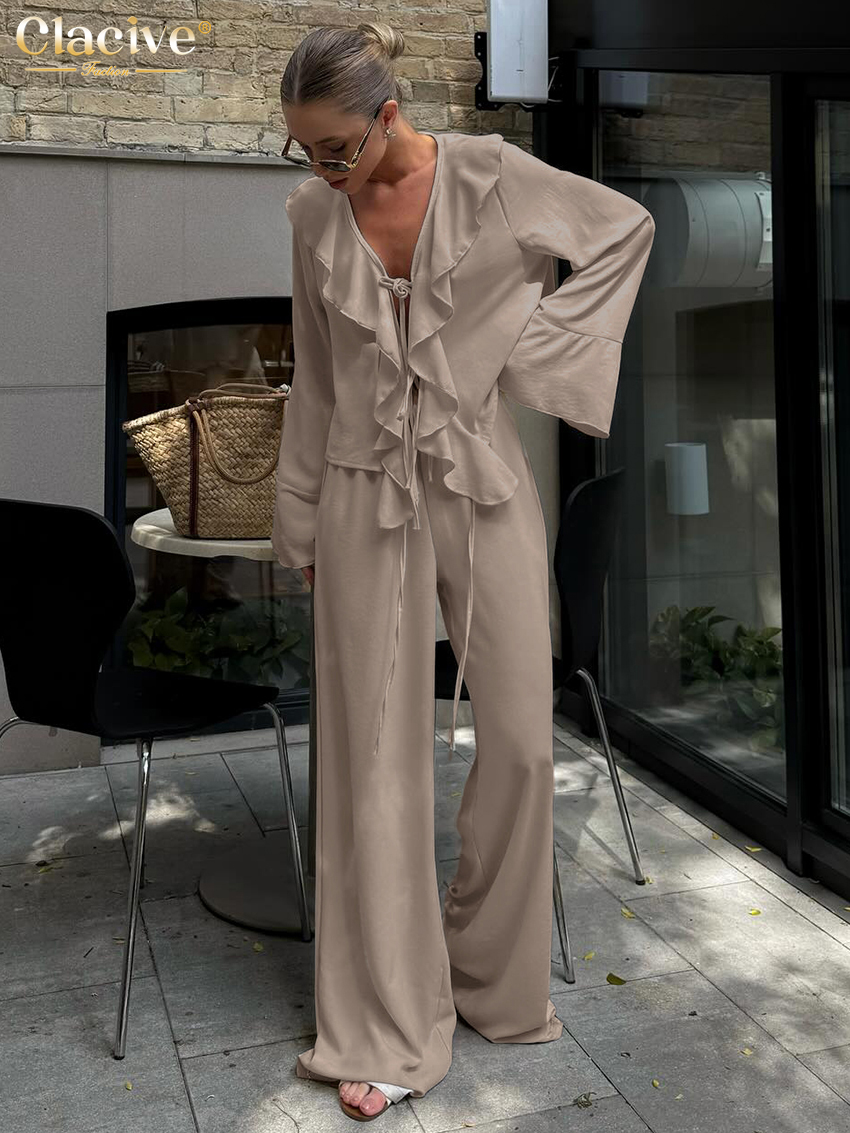Clacive mode ample kaki deux pièces tenues femme 2025 élégant à manches longues chemise à volants avec taille haute pantalon large ensemble femme