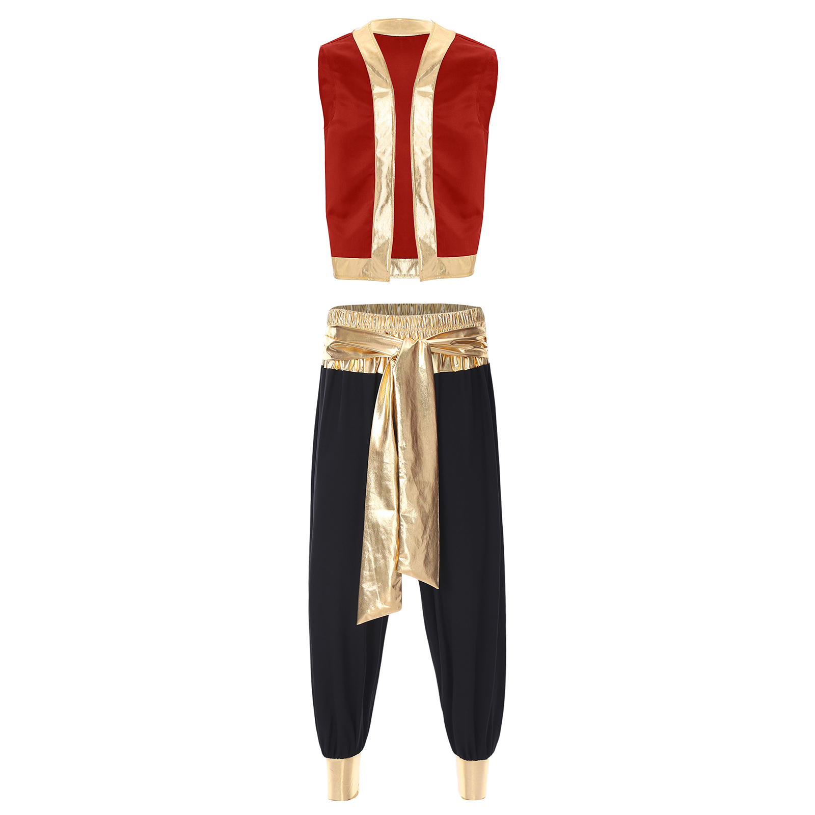 Costume de cosplay de prince arabe pour homme, tenue d'Halloween, veste ouverte sur le devant avec garniture métallique brillante et pantalon long à ceinture