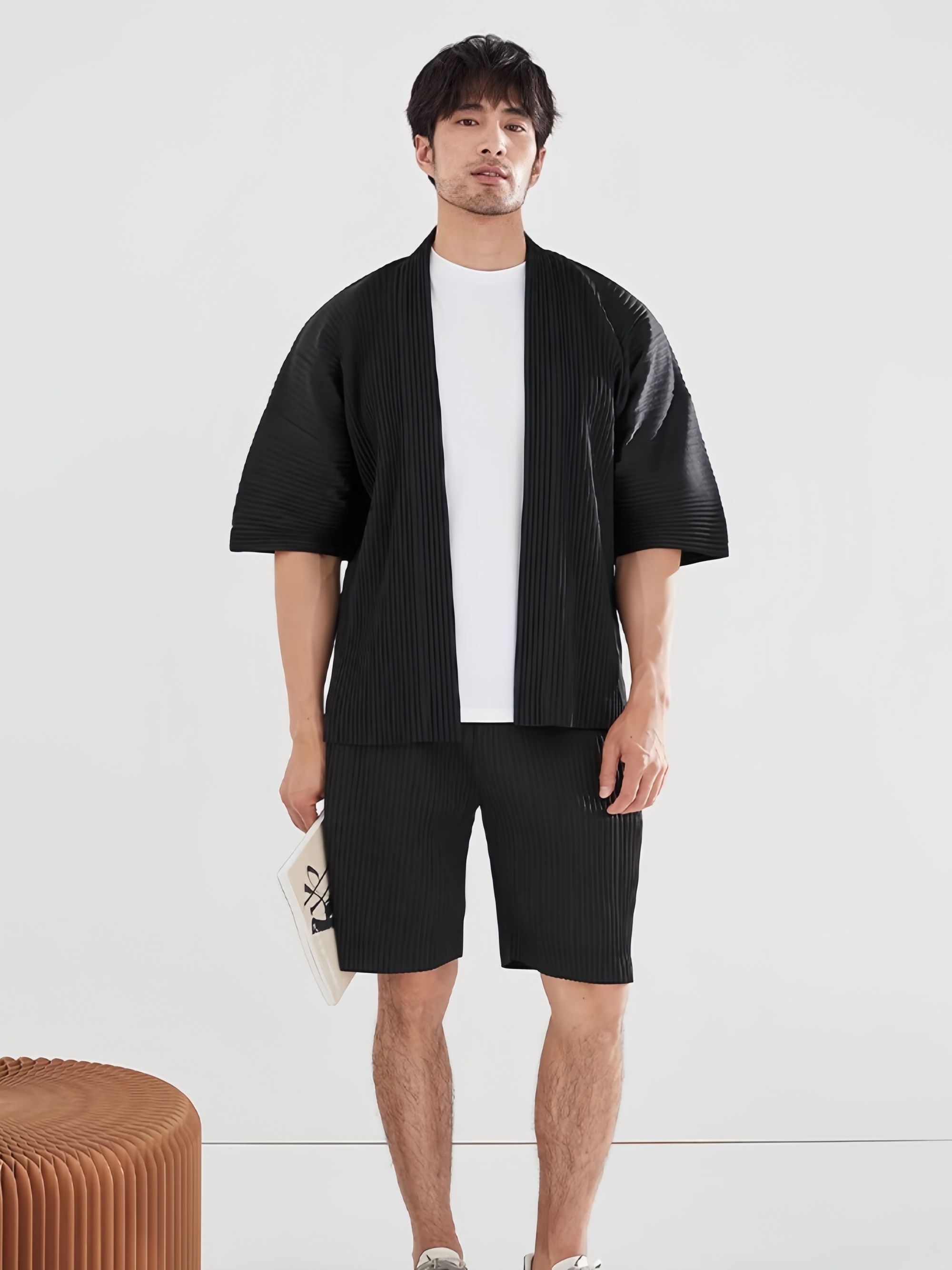 Veste Kimono Plissée Miyake pour Homme, Style Japonais, Manches Courtes, Ouverte sur le Devant, Cardigan Décontracté, Coupe Ample, Haut Streetwear
