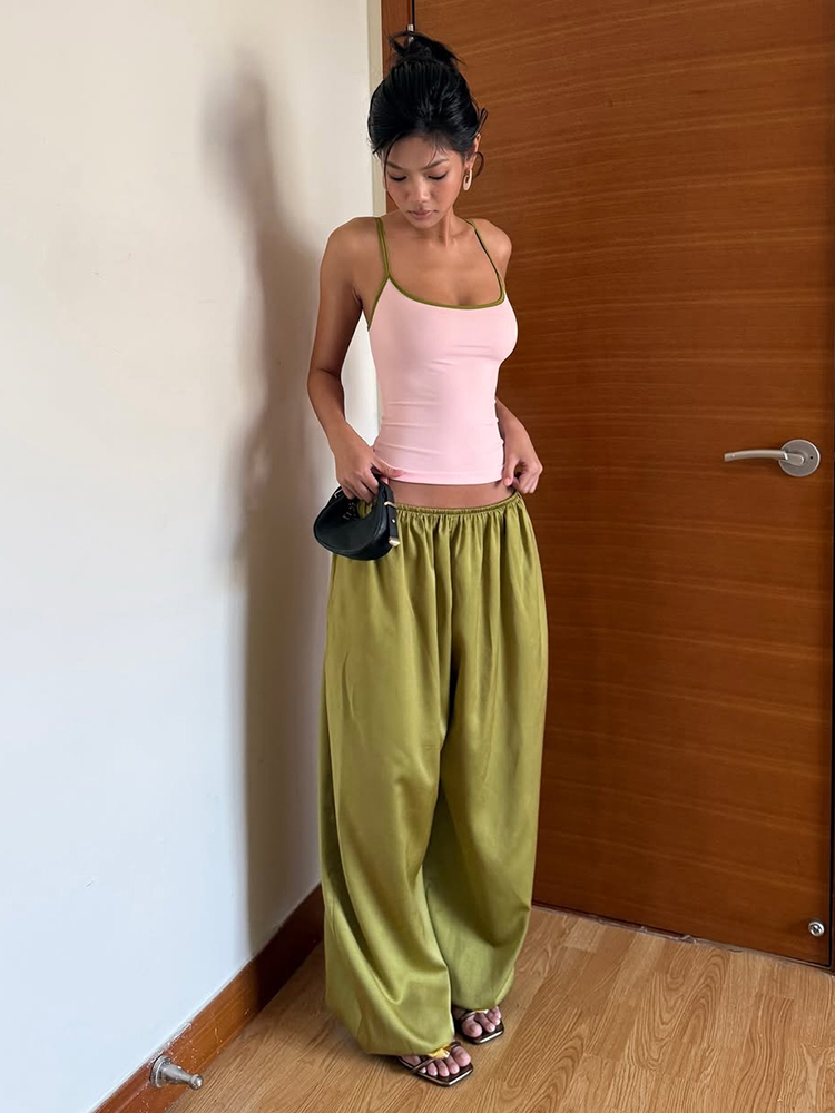 Nouvel ensemble 2 pièces sexy et chic pour femme : Camisole moulante à col bas et dos nu avec blocs de couleur tendance + Pantalon droit – Tenue décontractée et mode