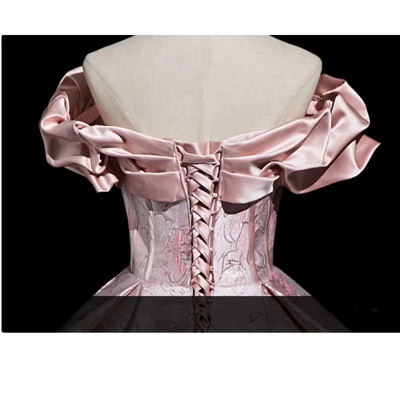 Robe de bal Lolita rose élégante, épaules dénudées, col à volants, robe florale en Jacquard, robe de soirée formelle de bal de thé, robe victorienne