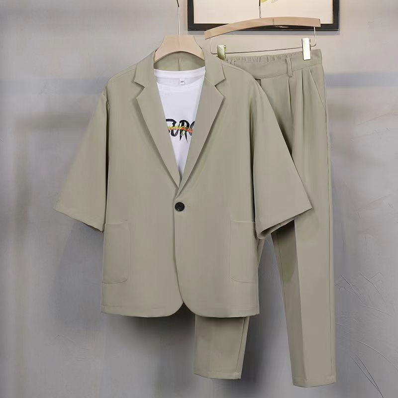 Costumes formels de style coréen pour hommes, vestes à manches courtes et pantalons longs pour hommes, coupe couvertes simple, monochromatique, ensembles de 2 pièces, printemps, automne
