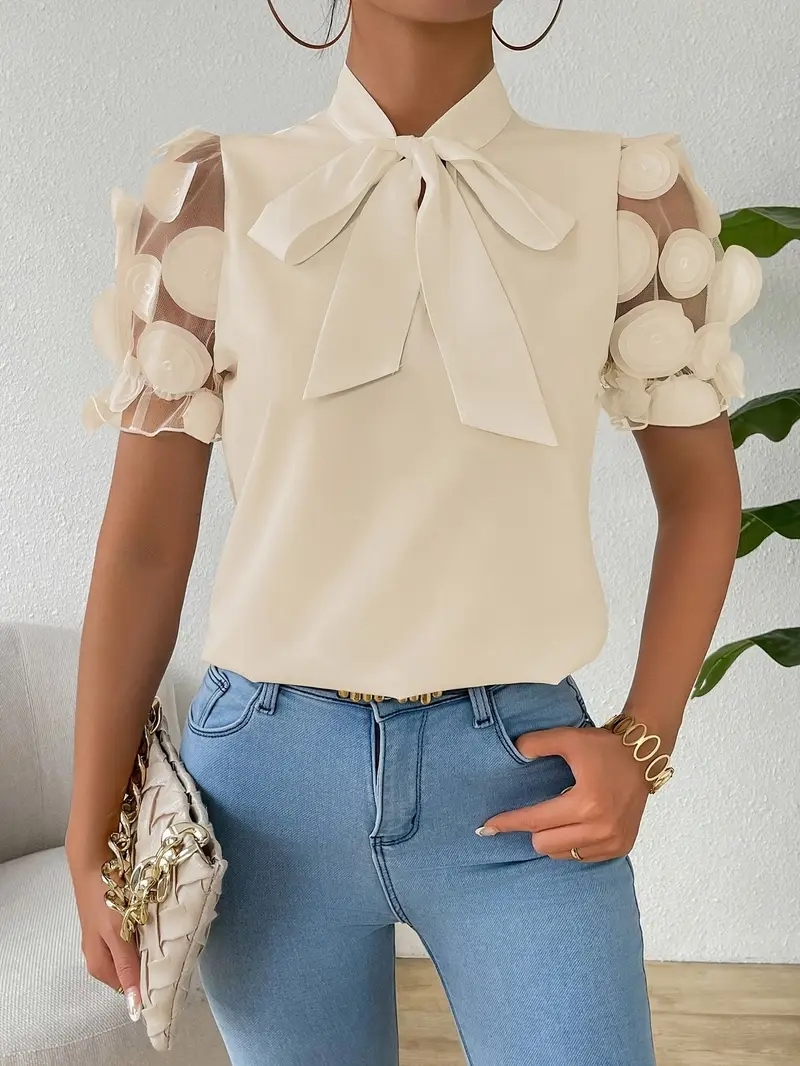 Chemisiers pour femmes à la mode col rond maille Patchwork chemisier à manches courtes avec cravate au cou manches courtes hauts T-shirts