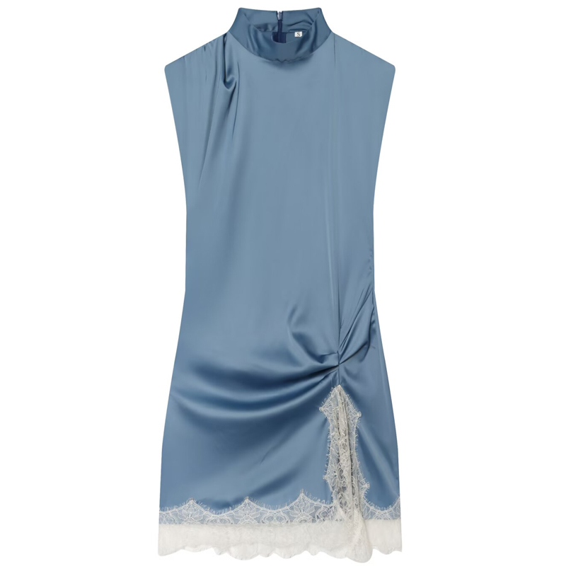 Robes Courtes en Dentelle pour Femme, Robe Moulante Sexy sans Manches avec Fente, Mini-Robe Bleue d'Été, Robe Plissée Élégante Décontractée pour Femme