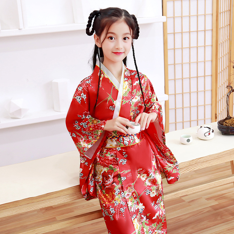 Kimono japonais en Satin pour filles, nouveauté de luxe, Robe Yukata imprimée avec Obi, Costume de spectacle pour enfants, vêtements traditionnels asiatiques