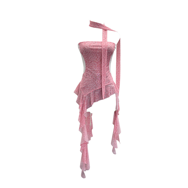 ISAROSE – Camisole d'été sans bretelles pour femme, motif léopard, maille extensible, patchwork latéral, coupe ajustée, volants asymétriques, hauts type foulard