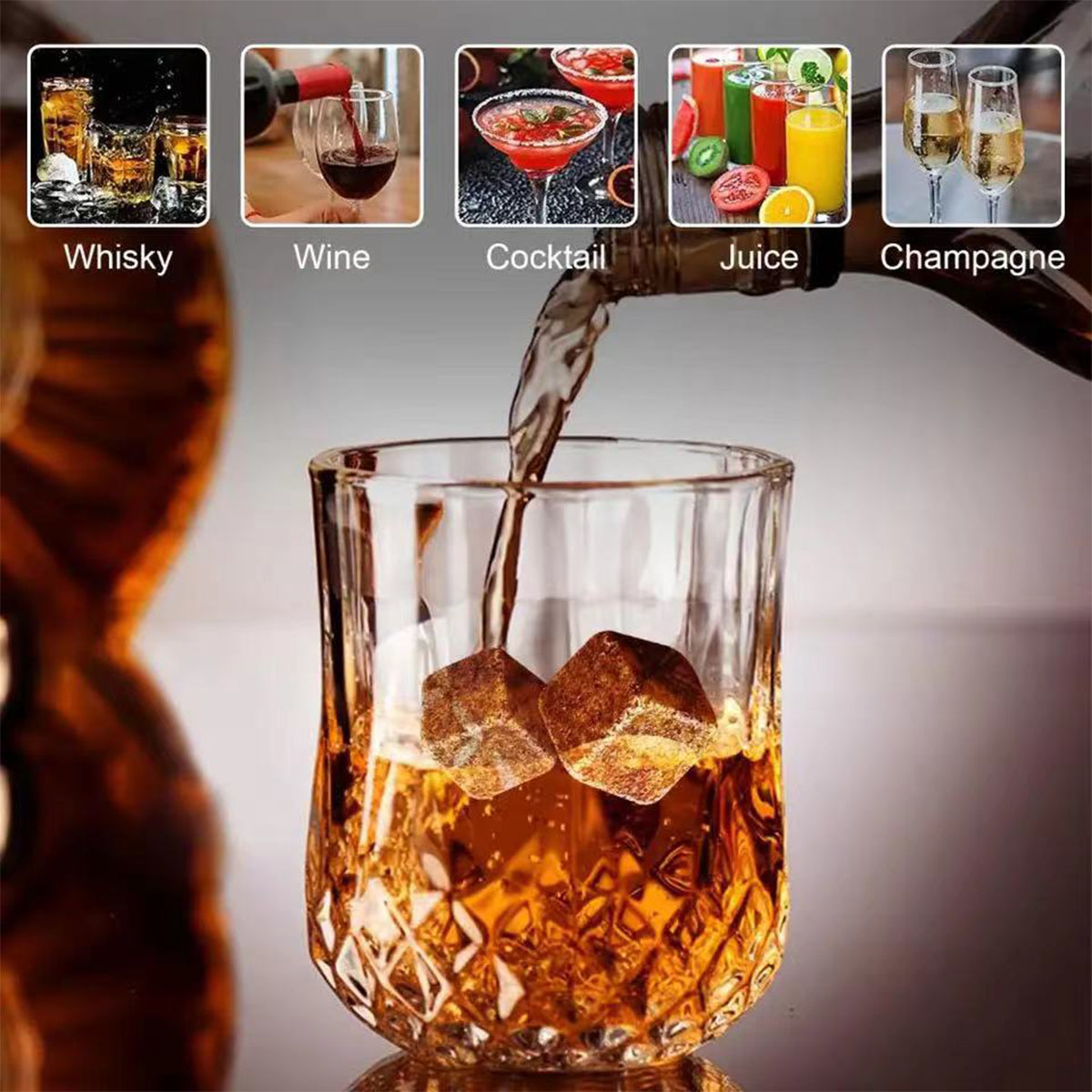 Ensemble de verres à pierres à whisky, cadeau de noël, saint-valentin, glaçon en granit pour whisky dans une boîte de bouteille en bois, cadeau pour papa et mari