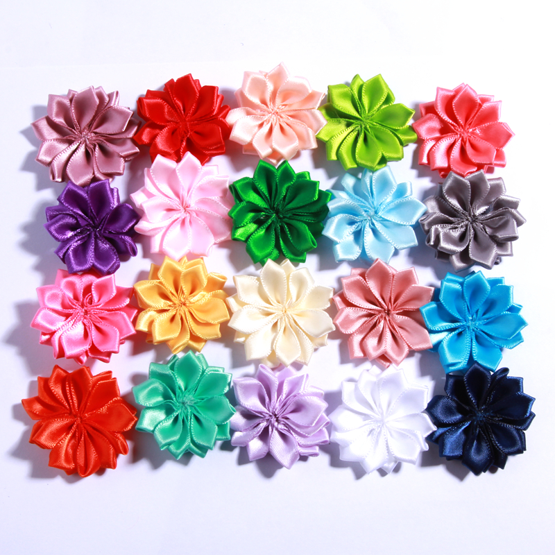 Ruban en satin mini 4 cm, fleur unie pour accessoires de cheveux, fleurs en tissu de soie multicouches en forme d'étoile pour bandeau de fille