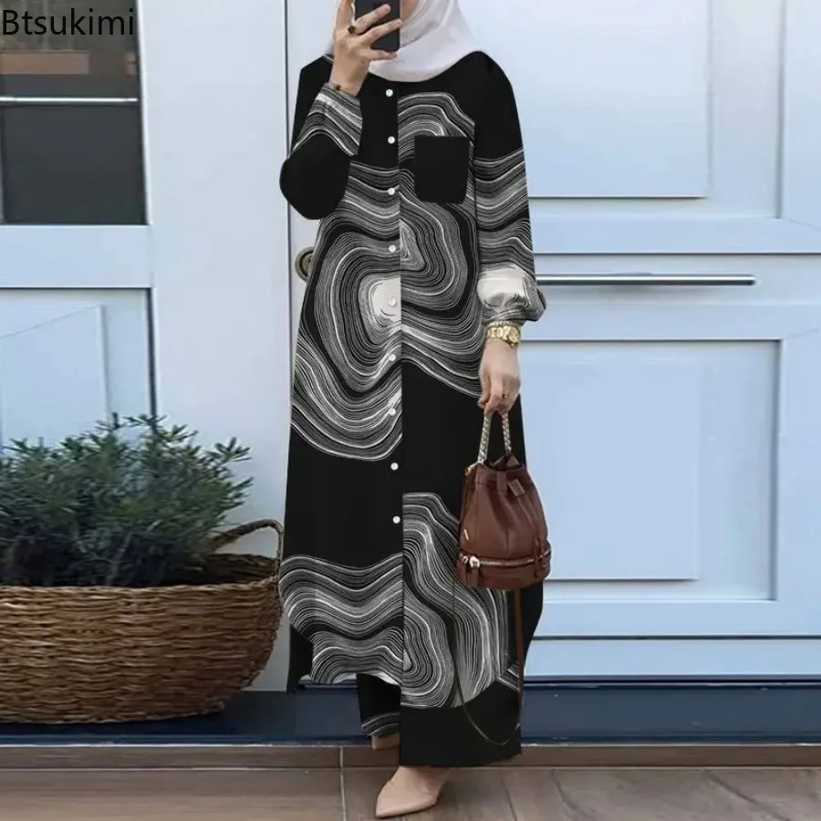 Chemisier et pantalon à imprimé floral pour femmes musulmanes, ensembles assortis, décontracté, élégant, vintage, ramadan, mode féminine, Eid Mubarek, trempé