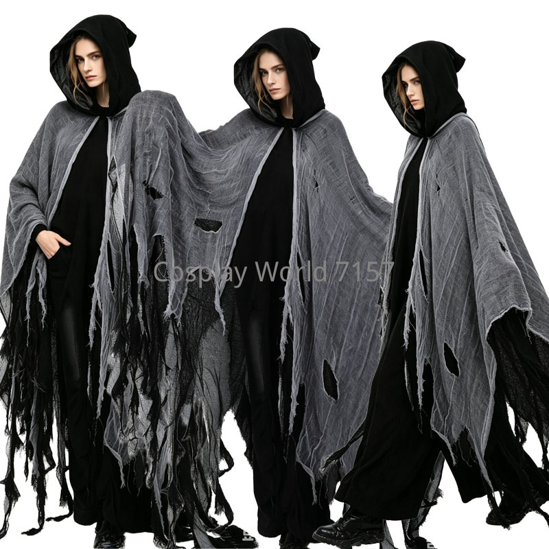 Cape de déguisement d'horreur pour adulte, style déchiré et usé, avec capuche, pour Halloween, zombie, sorcière, magicien, fête de carnaval