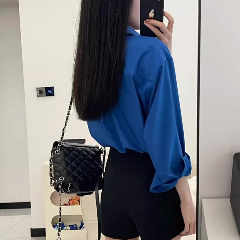 Chemise bleue amincissante à manches longues pour femmes, chemisier décontracté de Style de rue, couleur unie, polyvalent, basique, col rabattu, printemps automne