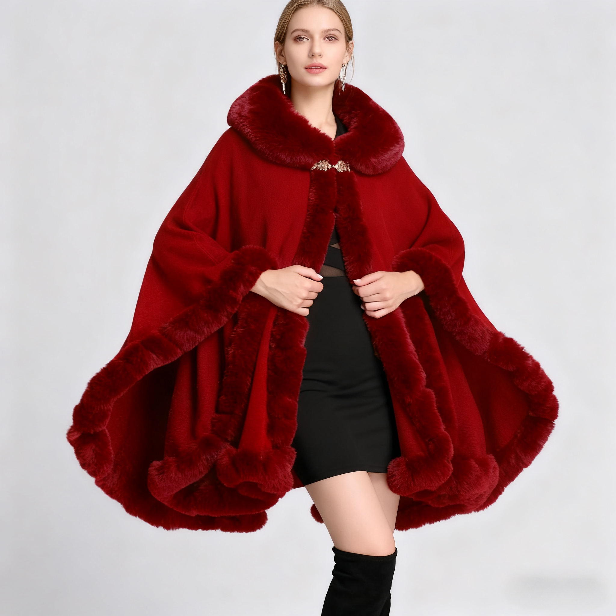 Manteaux vestes femmes Capes Maxi manteau ample à lacets taille haute col de fourrure Ponchos Y2k Streetwear élégant automne hiver