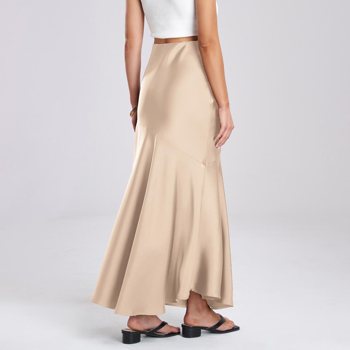 Queue de poisson Maxi jupe élégante fausse soie Satin jupes pour femmes taille haute a-ligne bureau dame jupe couleur unie finition brillante W6681