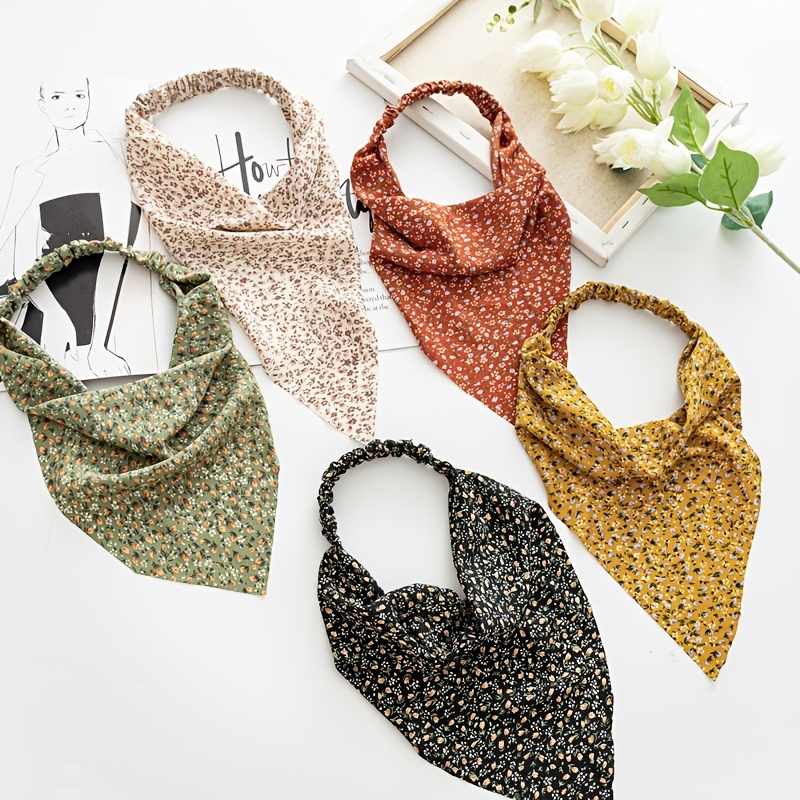 Lot de 5 bandeaux floraux bohèmes – Foulard triangulaire élastique en mousseline pour femmes et filles – Accessoire capillaire élégant pour toutes les occasions