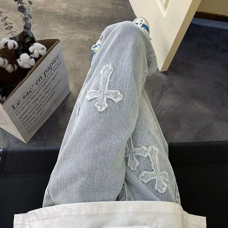 Jean en Denim à jambes droites pour hommes, nouvelle mode décontractée, ample, pantalon Y2k, jambes larges, Hip Hop, noir, bleu