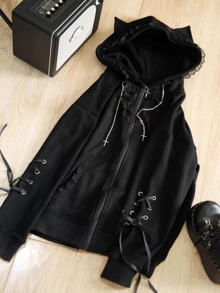 Sweat à capuche ample en dentelle noire pour femme, sous-culture gothique, esthétique, joli manteau à capuche à manches longues, décontracté, chaud, pardessus d'hiver, automne