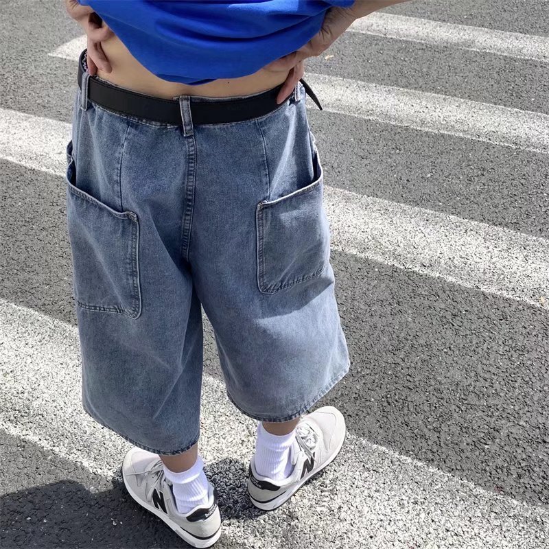 Pantalons en jean pour hommes, shorts d'été, jeans à grandes poches, pantalons capri, streetwear hip-hop, shorts en jean amples, pantalons capri décontractés à jambes larges.