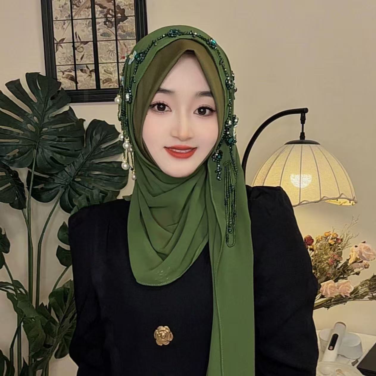 Abaya Hijab pour femmes musulmanes, châle en dentelle, foulard de luxe à pompons, écharpe de prière malaisienne, Kufi Islam, Turban d'Arabie Saoudite 05482