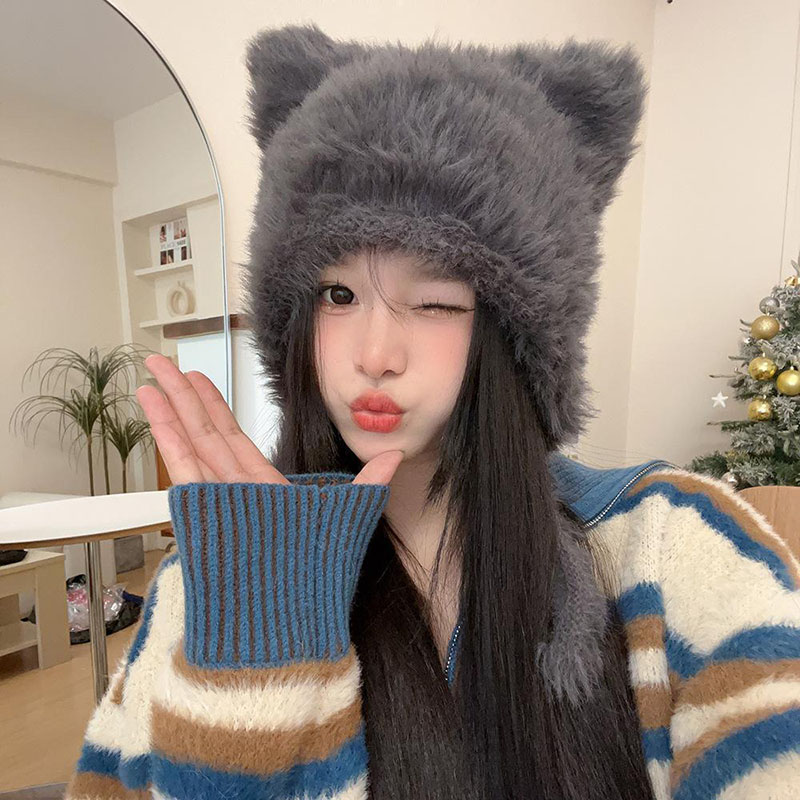 Chapeau d'hiver en peluche pour femmes, bonnet chaud de Protection des oreilles, bonnet pour filles, mignon, couleur unie, fausse fourrure, tricoté chaud