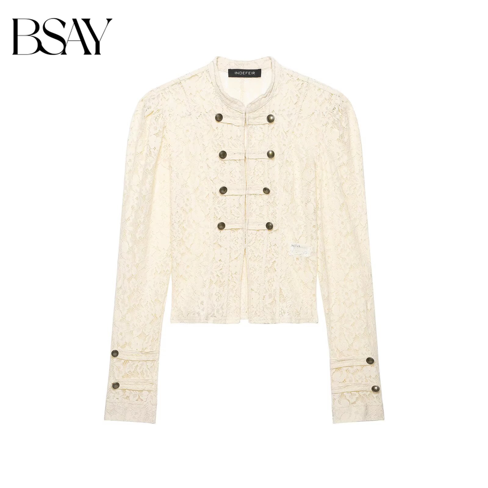 BSAY Veste courte en dentelle florale vintage française, col mandarin, boutons à nœud grenouille, manches longues bouffantes, veste rétro ajustée pour femmes