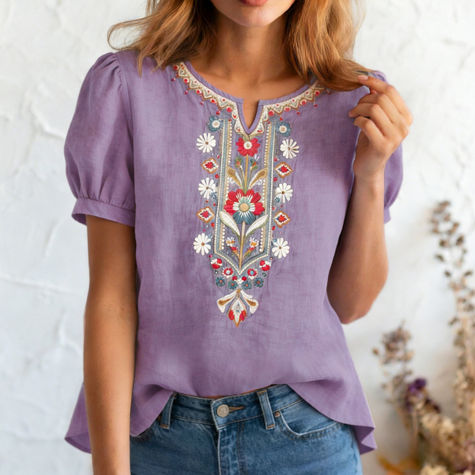 Nouveau lot de t-shirts vintage pour femmes, chemisiers décontractés fins brodés, style rétro artistique, en coton et lin respirant à manches courtes