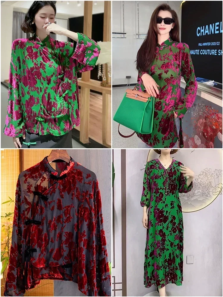 Robe Cheongsam en Velours pour Femme, Crêpe Inicante, Écharpe Mûre, Brûlé, Flottant, Grille au Mètre, Plante, Fleur