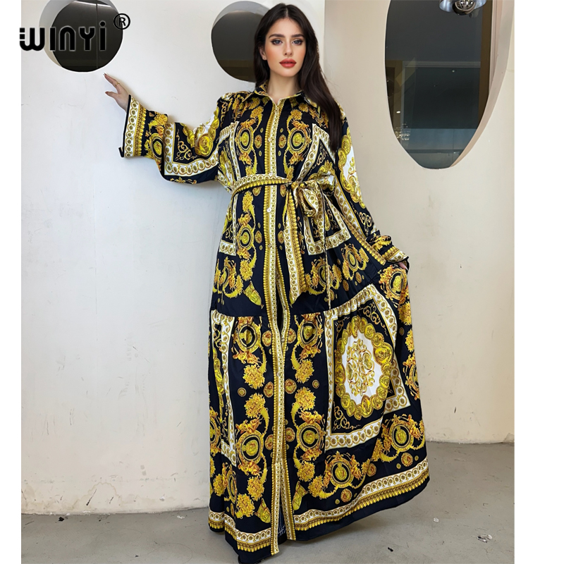 WINYI Robes Musulmanes de Haute Qualité pour Femme, Robe Maxi Imprimée Florale, Kaftan Abaya Dubaï, Robe de Soirée Bohème de Luxe pour l'Été