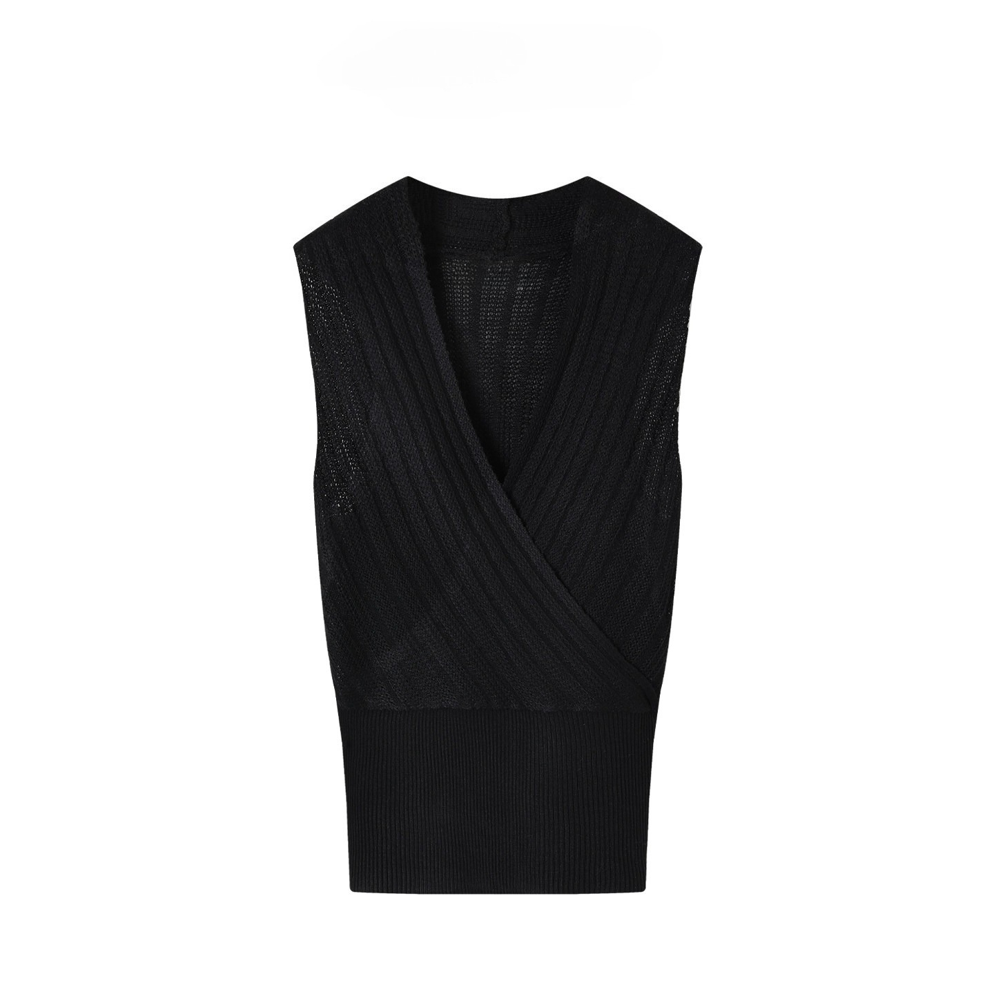 Gilet pull sans manches en maille côtelée pour femme, col en V, style cache-cœur, haut d'été
