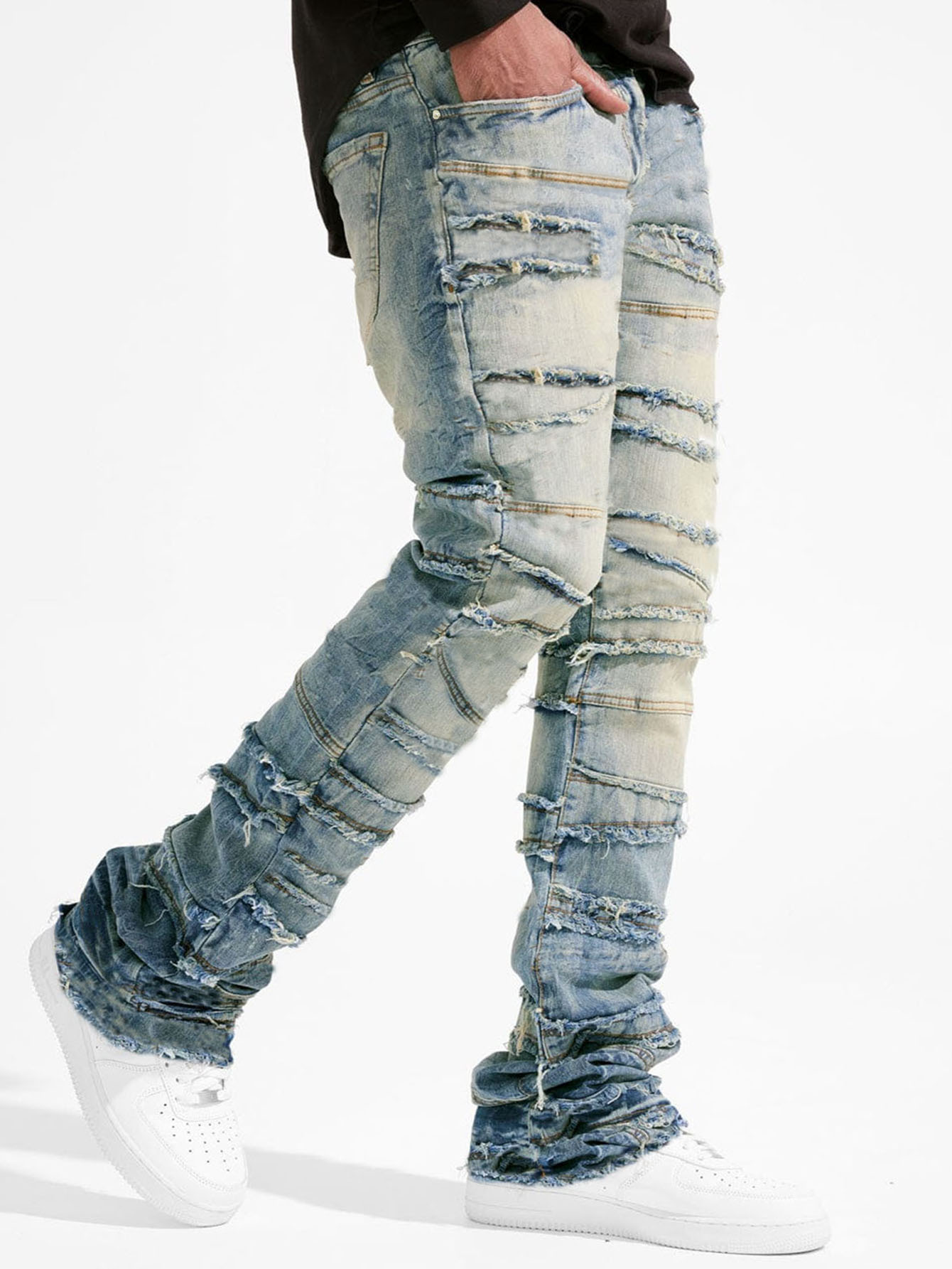 2025 nouveaux jeans empilés hommes patchwork épissé Denim déchiré lavage effiloché pantalon homme Streetwear hommes gland moto jean