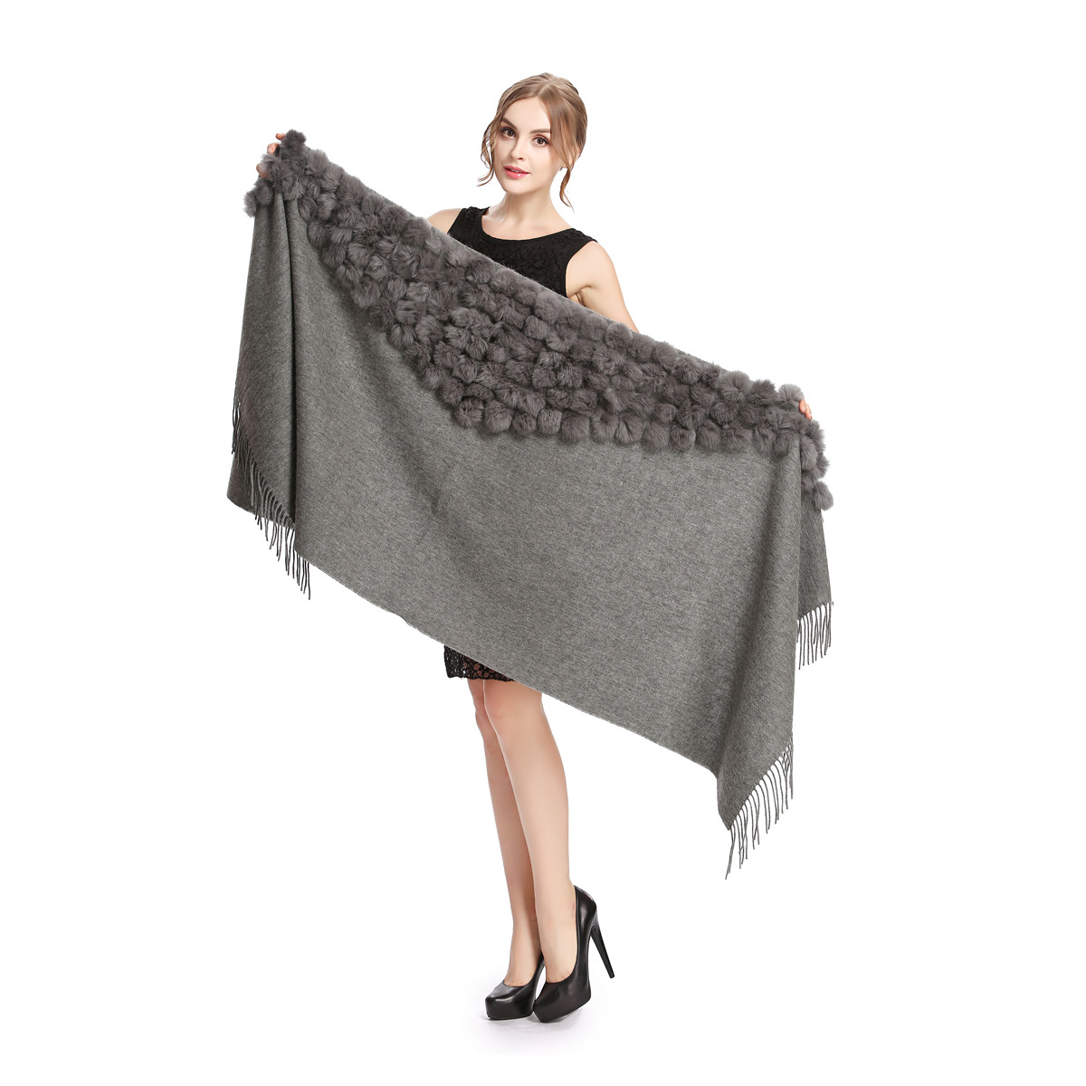 Écharpe Pashmina chaude pour femmes, châle en laine 2025 avec pompon en fourrure de lapin, pour l'automne et l'hiver, silencieux chauffe-cou à la mode