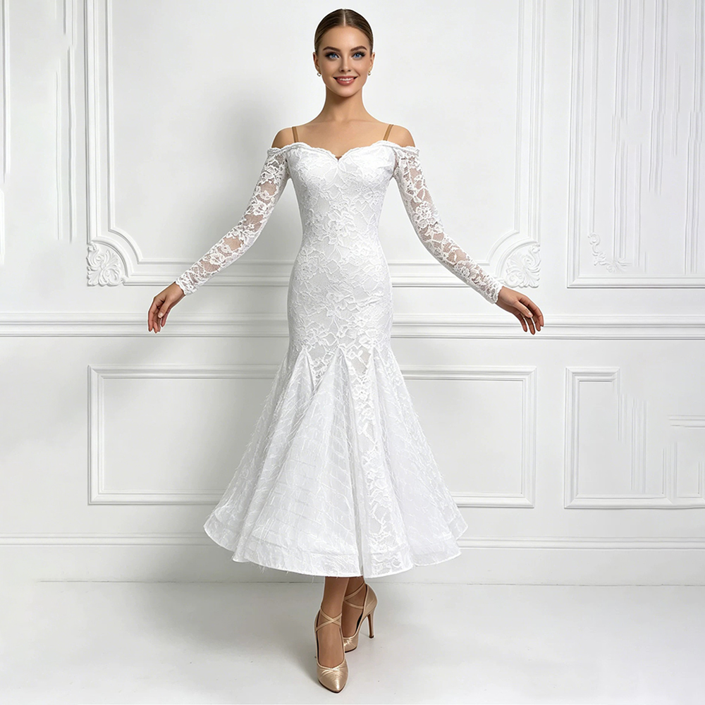 Robe de danse de salon élégante pour femmes, en dentelle blanche, épaules dénudées, manches longues, costumes de danse moderne, vêtements de performance pour valse et tango