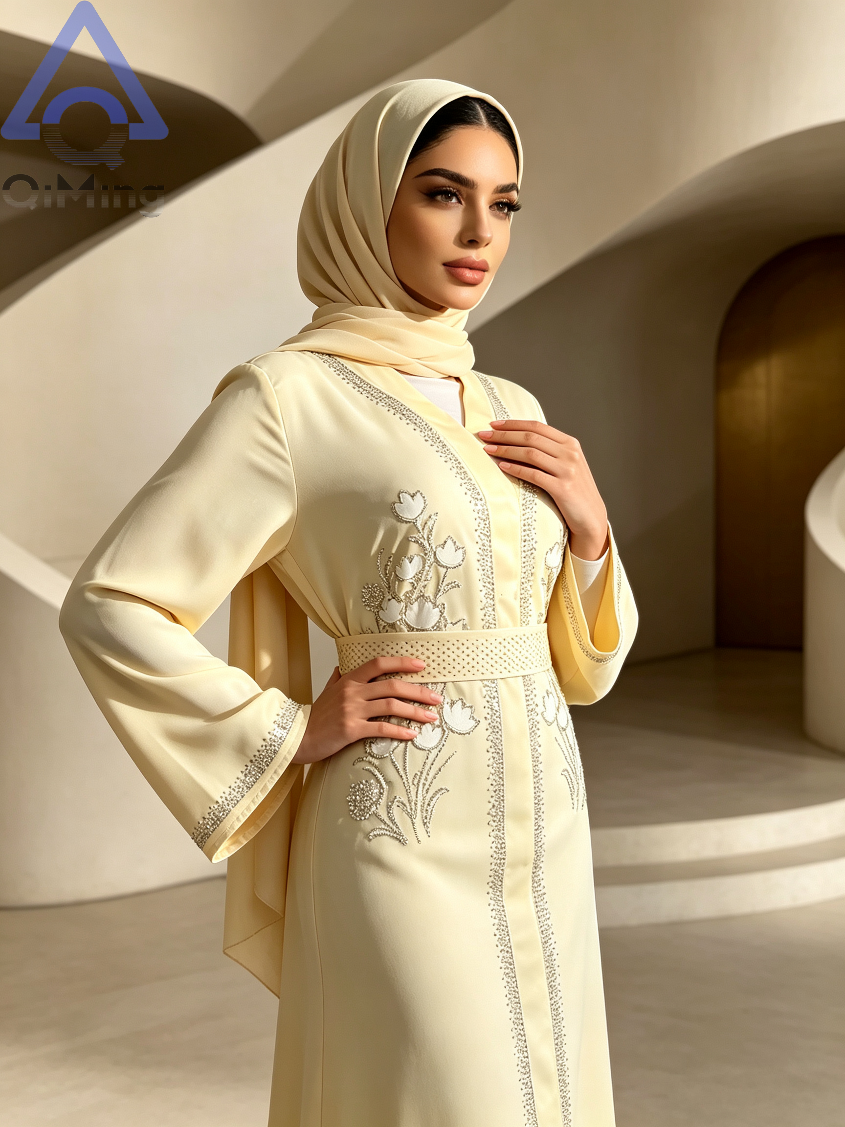 Abaya florale exquise en strass QiMing, Kaftan de Dubaï modeste, Maxi Jalabiya pour femme, Robe de soirée et de fête islamique à manches longues pour l'Aïd