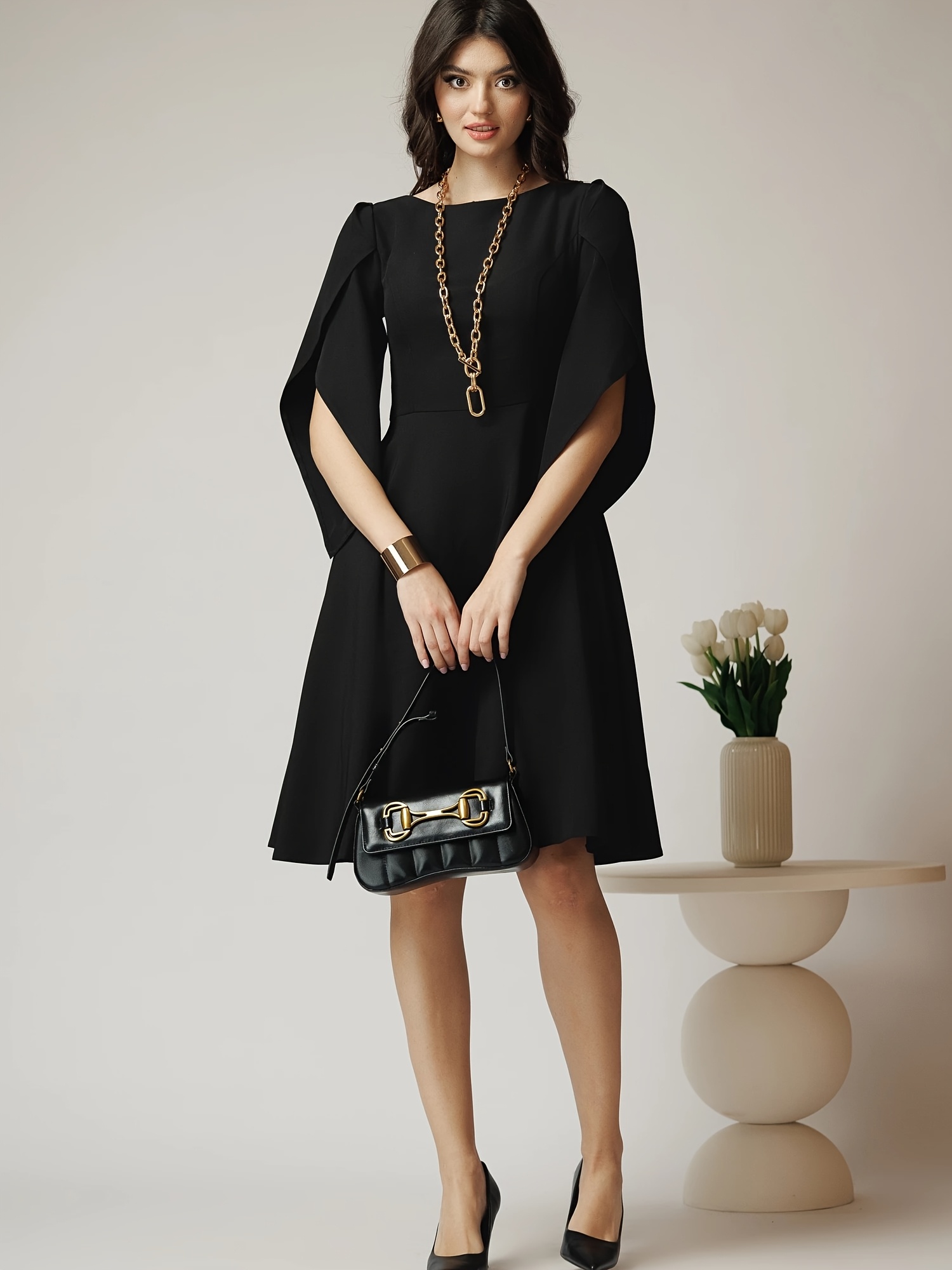 Robe trapèze élégante pour femme, col rond, manches cape, longueur genou, taille haute, couleur unie, pour le bureau, le travail, les fêtes ou les occasions décontractées