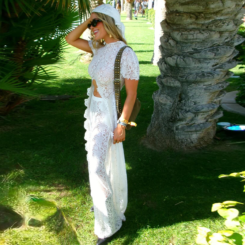 Ensemble pantalon et cardigan long en dentelle ajourée, haut court à manches courtes col rond, pantalon taille haute à jambes larges, Nouveauté 2026, Tenues de festival pour femme