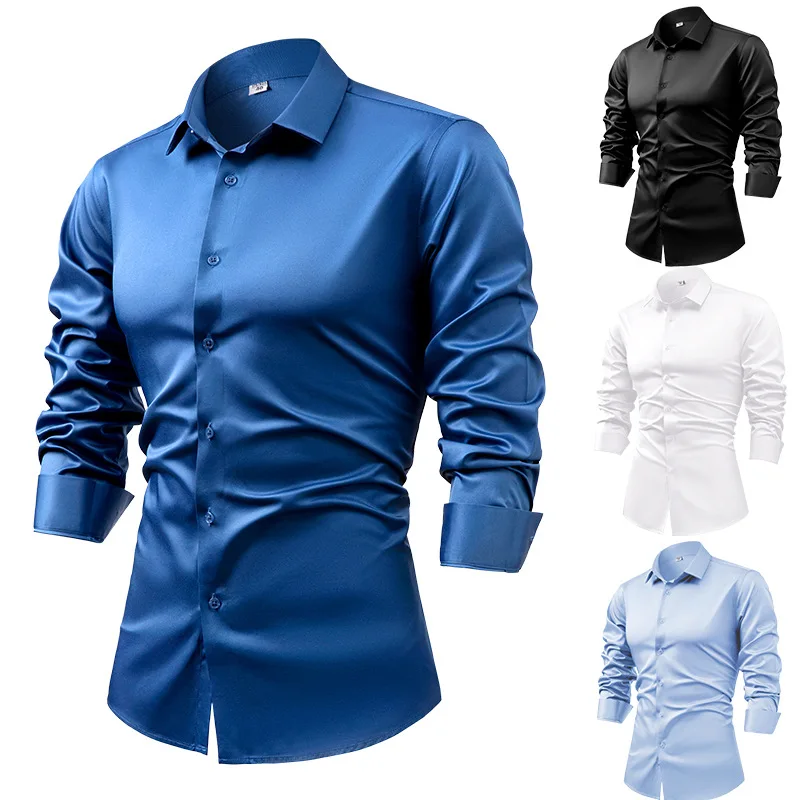 S ~ 6XL satin grande taille chemise à manches longues affaires tenue décontractée chemise sans repassage résistant aux rides hommes en gros, chemises pour hommes