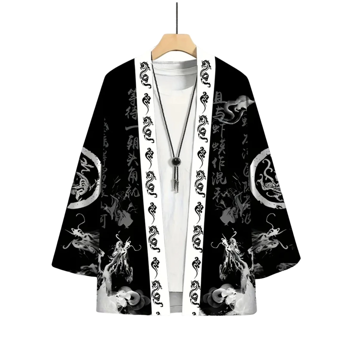 Kimono Cardigan Imprimé Dragon Japonais Homme Femme, Veste Haori Harajuku, Yukata Peinture à l'Encre Chinoise, Ample et Ouvert sur le Devant, Style Streetwear