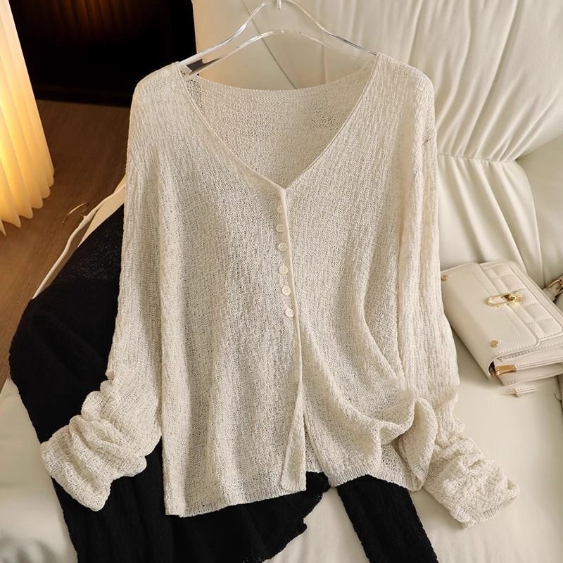 Manteaux légers en maille pour femmes, vêtements ajourés à manches longues, couleur unie, col en V, cardigans décontractés pour l'été
