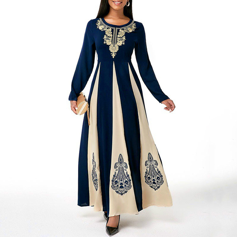 Robe musulmane élégante pour femme, col rond, manches longues, islamique, arabe, Abaya, patchwork, imprimé, Turquie, Eid Mubarak, automne, 2021