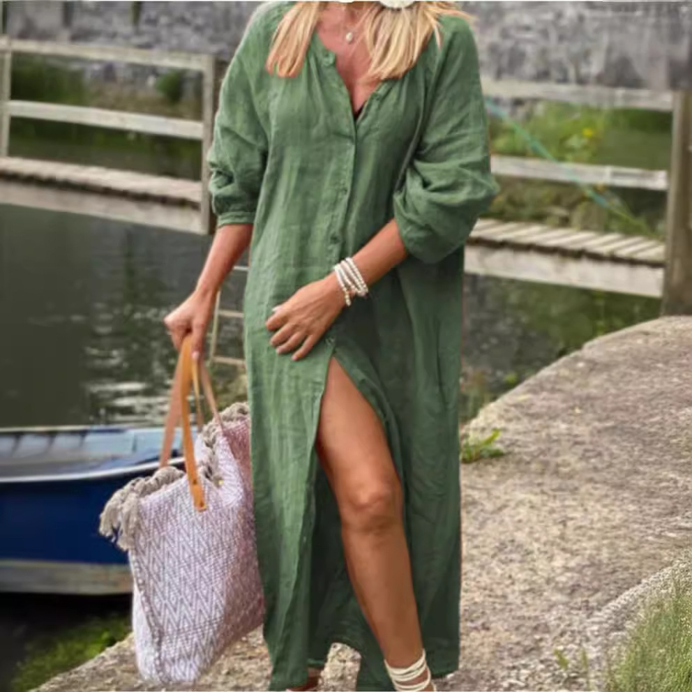 Robes pour femmes 2026 Nouveauté en coton et lin, simples, amples, à manches longues, boutonnées, à points ouverts, couleur unie, longues, vêtements féminins, vestidos