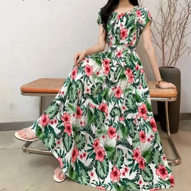 Robes en coton et soie pour femmes, nouvelle robe imprimée taille haute, Slim, en coton artificiel, longue, style bohème, à fleurs, été 2025