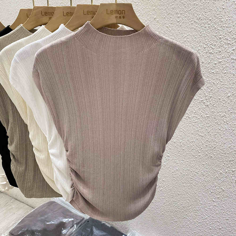 T-shirt en maille de soie glacée Printemps-Été 2026, col semi-montant, effet amincissant, design unique, coupe ajustée, manches courtes, hauts intérieurs