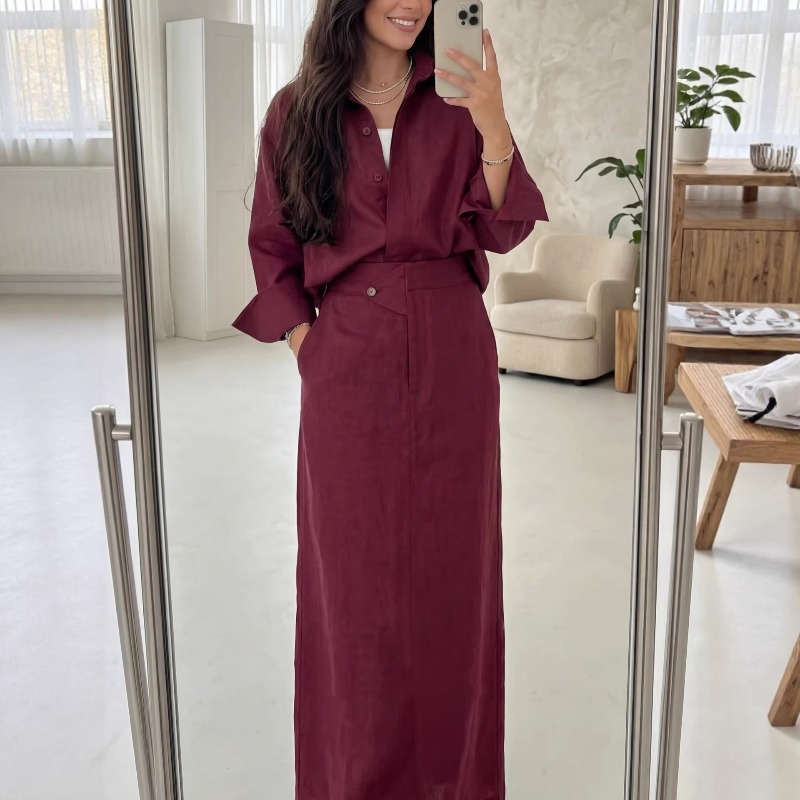 Ensemble élégant 2 pièces pour femme : chemise boutonnée oversize et jupe longue taille haute – Tenue décontractée chic pour le printemps