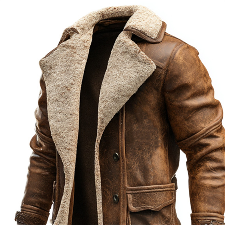 Vestes longues rétro pour hommes automne hiver chaud polaire en cuir PU pardessus décontracté Cowboy vêtements d'extérieur coupe-vent marron manteau homme