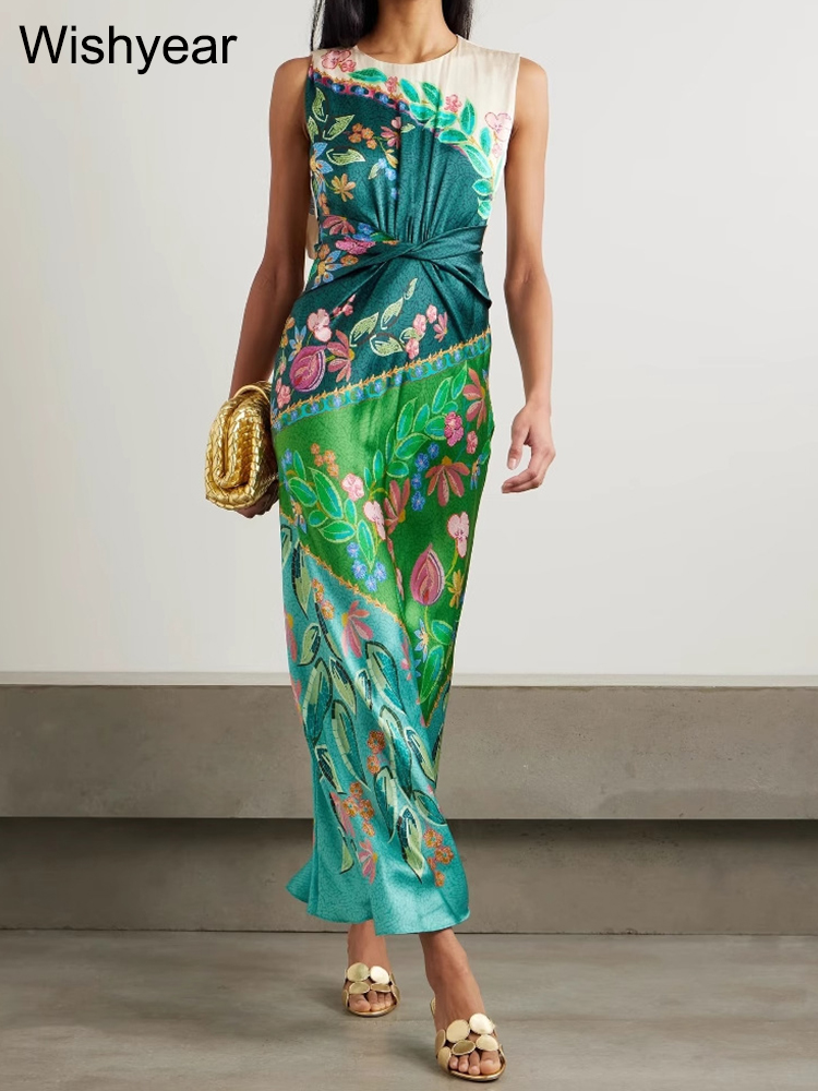 Wishyear Robe torsadée en satin imprimé Boho pour femme - Décontractée - Col rond - Sans manches - Style africain pour les festivals - Robe d'anniversaire