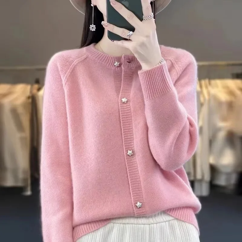 Nouveau femmes Cardigan pull automne/hiver col rond étoile bouton solide tricot chemise à bascule veste qualité tricots femmes hauts