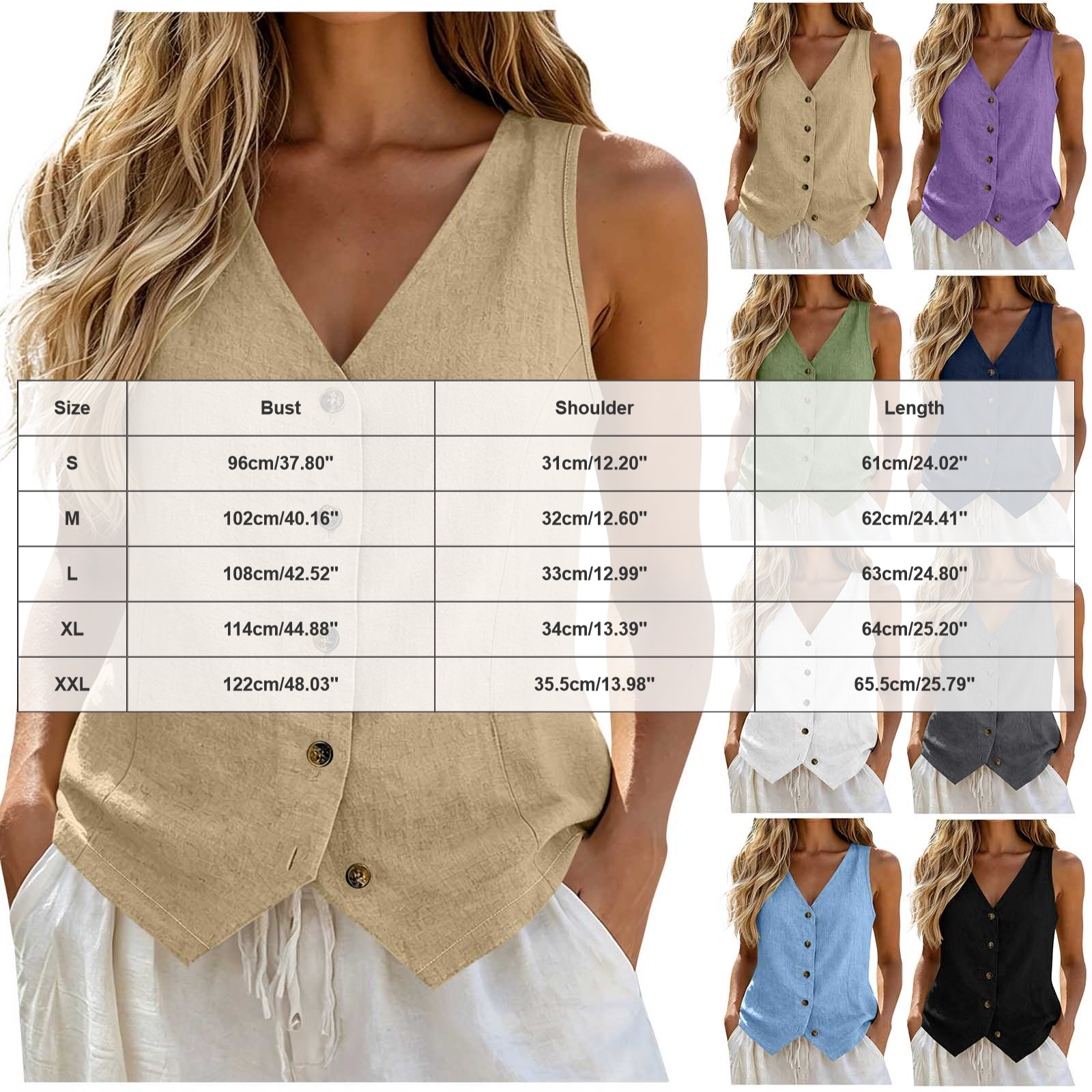 Gilets d'été décontractés pour femmes, chemises sans manches à col en V et boutons, en coton et lin, simples, pour le bureau
